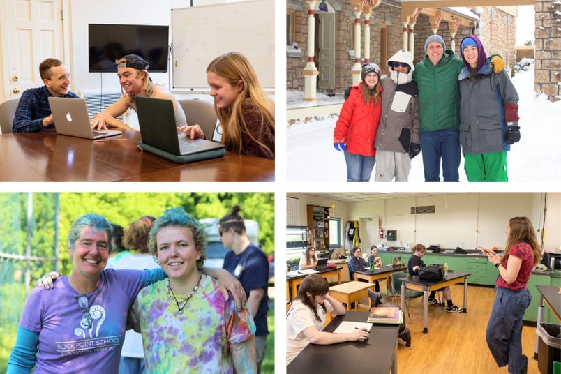 A montage of 4 photos, each depicting staff and teachers from Rock Point School with students.