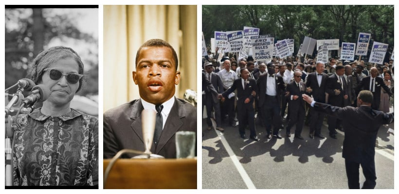 Collage of historical photos of Rosa Parks, John Lewis, and a Civil Rights March